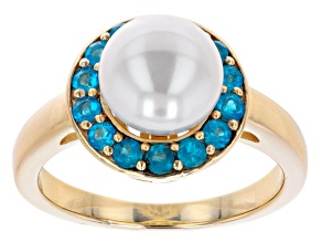 Pre-Owned White Cultured Freshwater Pearl & Neon Apatite 18k Yellow Gold Over Sterling Silver Ring