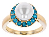 Pre-Owned White Cultured Freshwater Pearl & Neon Apatite 18k Yellow Gold Over Sterling Silver Ring