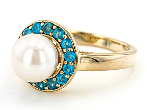 Pre-Owned White Cultured Freshwater Pearl & Neon Apatite 18k Yellow Gold Over Sterling Silver Ring