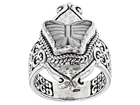 Pre-Owned White Carved Mother-of-Pearl Silver Butterfly Ring