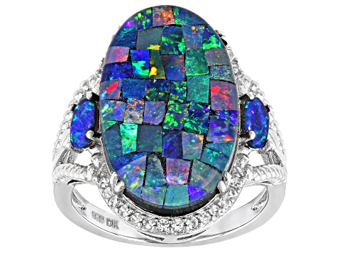 Pre-Owned Multicolor Mosaic Opal Triplet Rhodium Over Sterling Silver Ring 0.11ctw