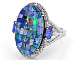 Pre-Owned Multicolor Mosaic Opal Triplet Rhodium Over Sterling Silver Ring 0.11ctw