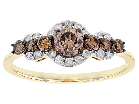 Pre-Owned Champagne And White Diamond 10K Yellow Gold Center Design Ring 0.71ctw