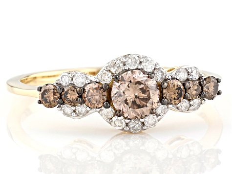 Pre-Owned Champagne And White Diamond 10K Yellow Gold Center Design Ring 0.71ctw