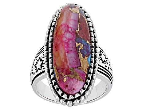 Pre-Owned Blended Turquoise and Purple Spiny Oyster Shell Rhodium Over Silver Ring