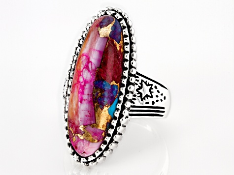Pre-Owned Blended Turquoise and Purple Spiny Oyster Shell Rhodium Over Silver Ring