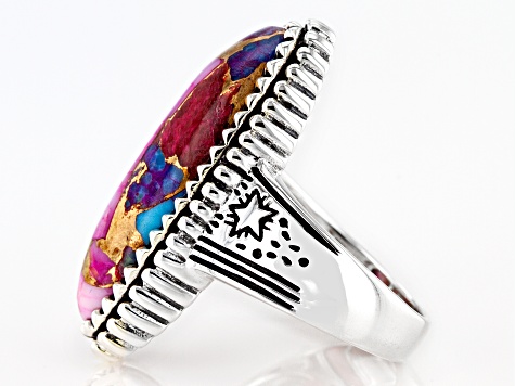 Pre-Owned Blended Turquoise and Purple Spiny Oyster Shell Rhodium Over Silver Ring