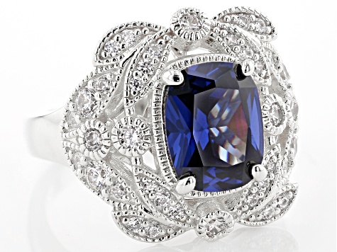 Pre-Owned Blue & White Cubic Zirconia Rhodium Over Sterling Silver Center Design Ring 5.84ctw