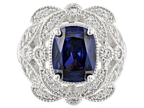 Pre-Owned Blue & White Cubic Zirconia Rhodium Over Sterling Silver Center Design Ring 5.84ctw