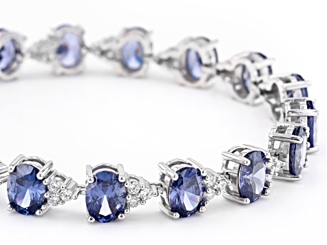 Pre-Owned Blue And White Cubic Zirconia Rhodium Over Sterling Silver Tennis Bracelet 37.04ctw