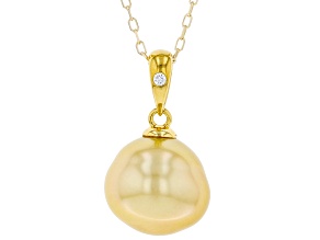 Pre-Owned Golden Cultured South Sea Pearl With Diamond Accent 14k Yellow Gold Pendant With Chain