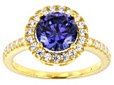 Pre-Owned Blue and White Cubic Zirconia 18k Yellow Gold Over Sterling Silver Ring 3.88ctw