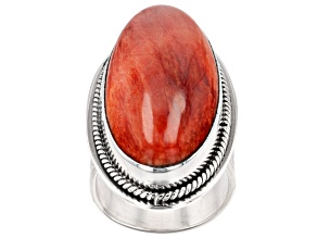 Pre-Owned Orange Oval Spiny Oyster Shell Rhodium Over Silver Ring