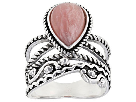 Pre-Owned Pink Cabochon Rhodochrosite Rhodium Over Silver Ring 12x8mm