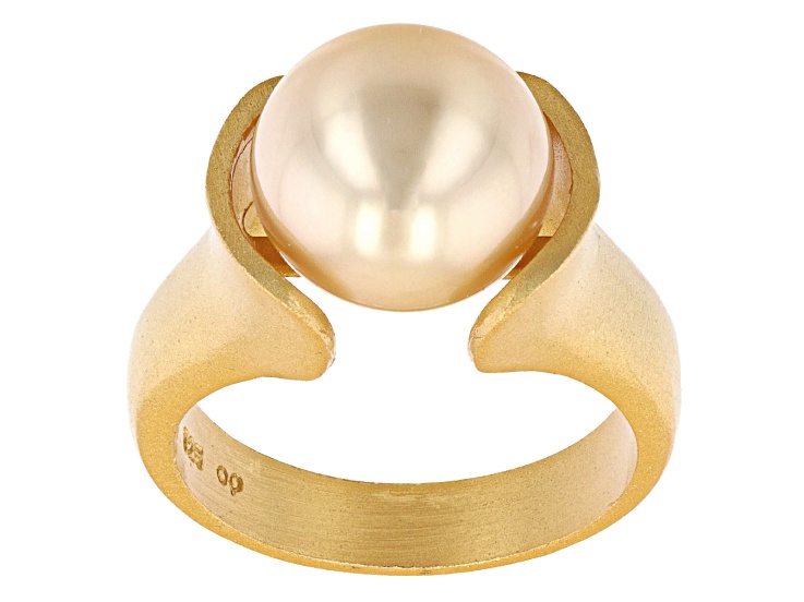 Pre-Owned Golden Cultured South Sea Pearl 18k Yellow Gold Over Sterling Silver Ring