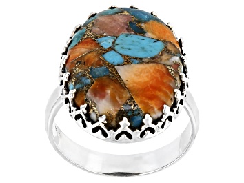 Picture of Pre-Owned Blended Spiny Oyster Shell and Turquoise Sterling Silver Ring