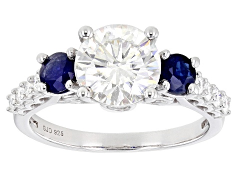 Pre-Owned Moissanite And Blue Sapphire Platineve Ring 2.20ctw DEW.