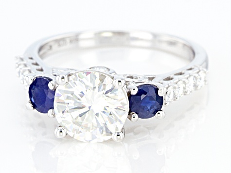 Pre-Owned Moissanite And Blue Sapphire Platineve Ring 2.20ctw DEW.