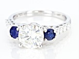 Pre-Owned Moissanite And Blue Sapphire Platineve Ring 2.20ctw DEW.