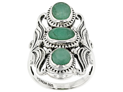 Pre-Owned Green Emerald Sterling Silver 3-Stone Ring. 1.50ctw