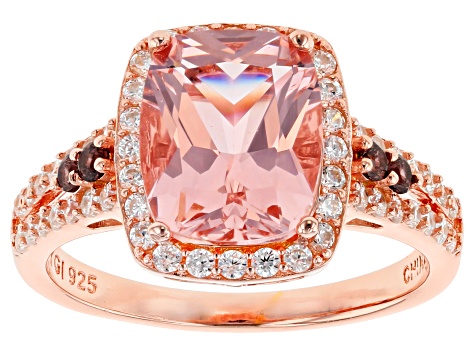 Pre-Owned Morganite Simulant, Brown, And White Cubic Zirconia 18K Rose Gold Over Sterling Silver Rin