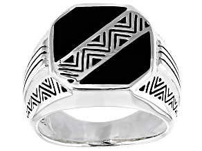 Pre-Owned Mens Inlaid Black Onyx Rhodium Over Sterling Silver Ring