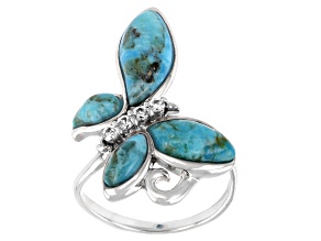 Pre-Owned Blue Fancy Shape Cabochon Turquoise Rhodium Over Sterling Silver Butterfly Ring 0.17ctw