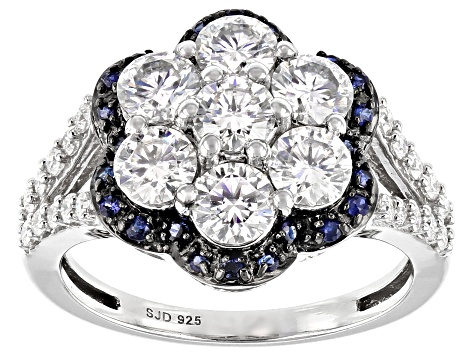 Pre-Owned Moissanite and blue sapphire Platineve ring 2.01ctw dew.