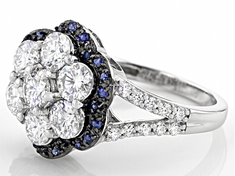 Pre-Owned Moissanite and blue sapphire Platineve ring 2.01ctw dew.