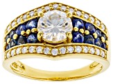 Pre-Owned Moissanite and blue sapphire 14k yellow gold over silver ring 1.30ctw DEW.