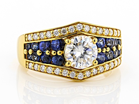 Pre-Owned Moissanite and blue sapphire 14k yellow gold over silver ring 1.30ctw DEW.