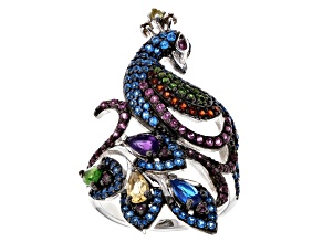 Pre-Owned Multi Gemstone Rhodium Over Sterling Silver Peacock Ring 2.65ctw