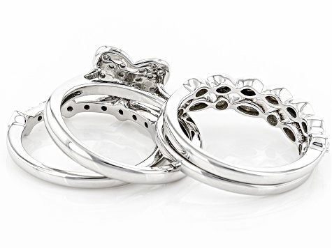 Pre-Owned White Diamond Rhodium Over Sterling Silver Heart Cluster Ring With 3 Stackable Band Rings