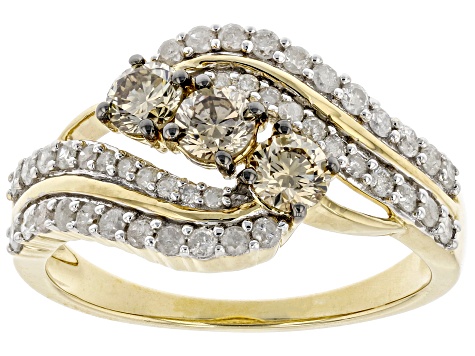 Pre-Owned Champagne And White Diamond 10k Yellow Gold 3-Stone Ring 1.00ctw