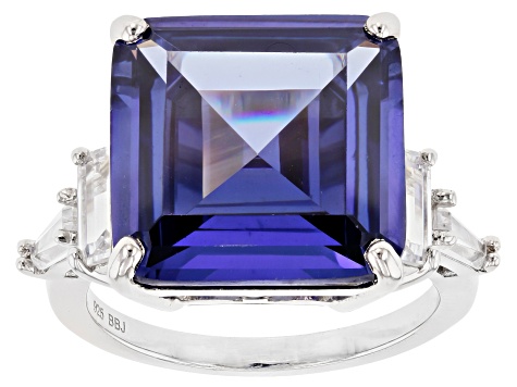 Pre-Owned Blue and White Cubic Zirconia Rhodium Over Silver Ring