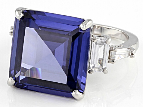 Pre-Owned Blue and White Cubic Zirconia Rhodium Over Silver Ring