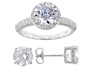 Pre-Owned White Cubic Zirconia Rhodium Over Sterling Silver Ring And Earring Set 11.52ctw