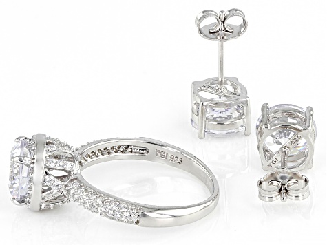 Pre-Owned White Cubic Zirconia Rhodium Over Sterling Silver Ring And Earring Set 11.52ctw