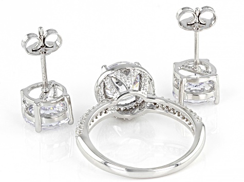 Pre-Owned White Cubic Zirconia Rhodium Over Sterling Silver Ring And Earring Set 11.52ctw