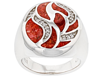 Picture of Pre-Owned Red Sponge Coral & White Zircon Rhodium Over Sterling Silver Ring