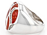 Pre-Owned Red Sponge Coral & White Zircon Rhodium Over Sterling Silver Ring