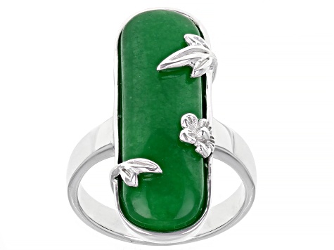 Pre-Owned Jadeite Rhodium Over Sterling Silver Leaf & Floral Detail Ring