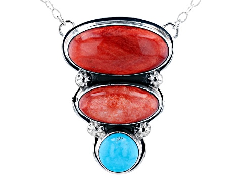 Pre-Owned Round Blue Sleeping Beauty Turquoise and Spiny Oyster Rhodium Over Silver Necklace