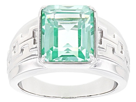 Pre-Owned Lab Created Green Spinel Rhodium Over Sterling Silver Mens Ring 4.46ct