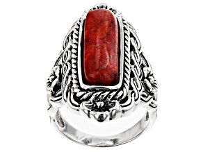 Pre-Owned Red Coral Sterling Silver Ring.