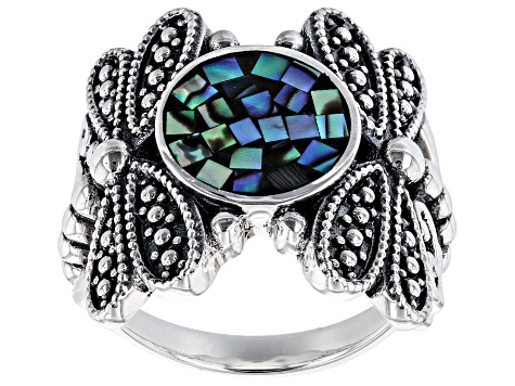 Pre-Owned Mosaic Abalone Shell Sterling Silver Dragonflies Ring