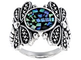 Pre-Owned Mosaic Abalone Shell Sterling Silver Dragonflies Ring