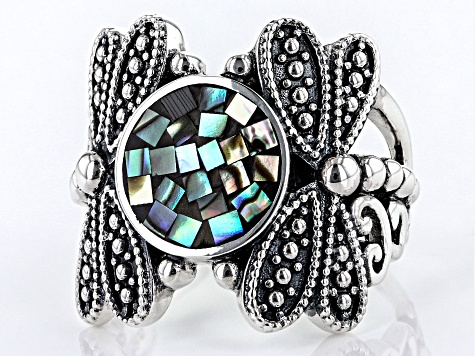 Pre-Owned Mosaic Abalone Shell Sterling Silver Dragonflies Ring
