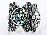 Pre-Owned Mosaic Abalone Shell Sterling Silver Dragonflies Ring
