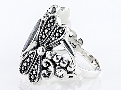 Pre-Owned Mosaic Abalone Shell Sterling Silver Dragonflies Ring
